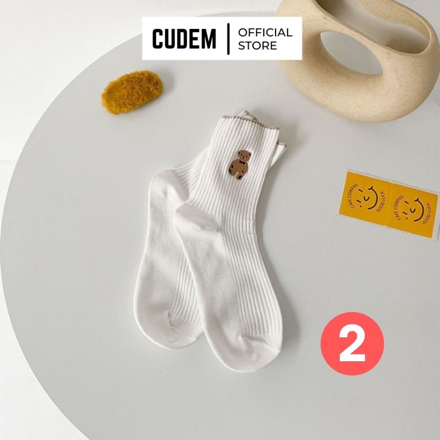 Tất nữ cổ cao vải cotton thêu hình chú gấu hoạt hình phong cách Hàn Quốc C5