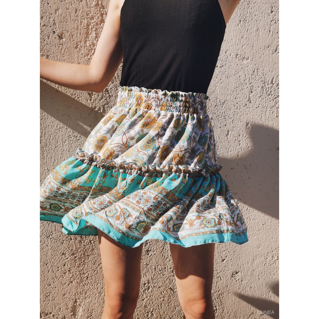 DUNEA Chân váy mini lưng cao in họa tiết phong cách boho thời trang đi biển cho nữ
