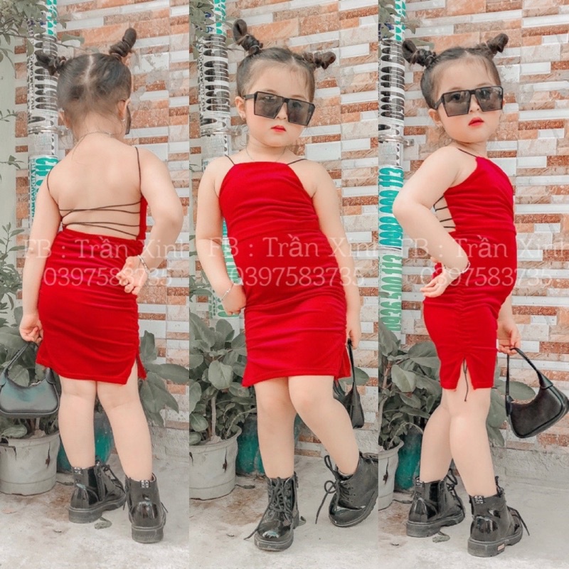 Đầm Body Nhung Dây Rút Hở Lưng Dây Chéo Cho Bé Gái Sành Điệu