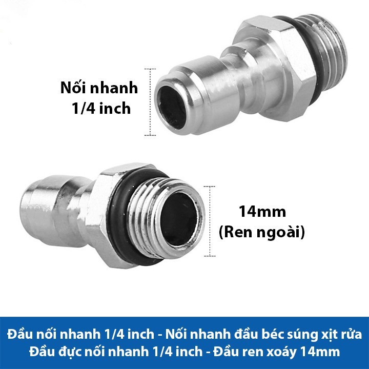 Đầu nối nhanh 1/4, Khớp nối nhanh 14mm, Ứng dụng nối đầu béc súng, lắp bình bọt tuyết, ren chống xoắn dây