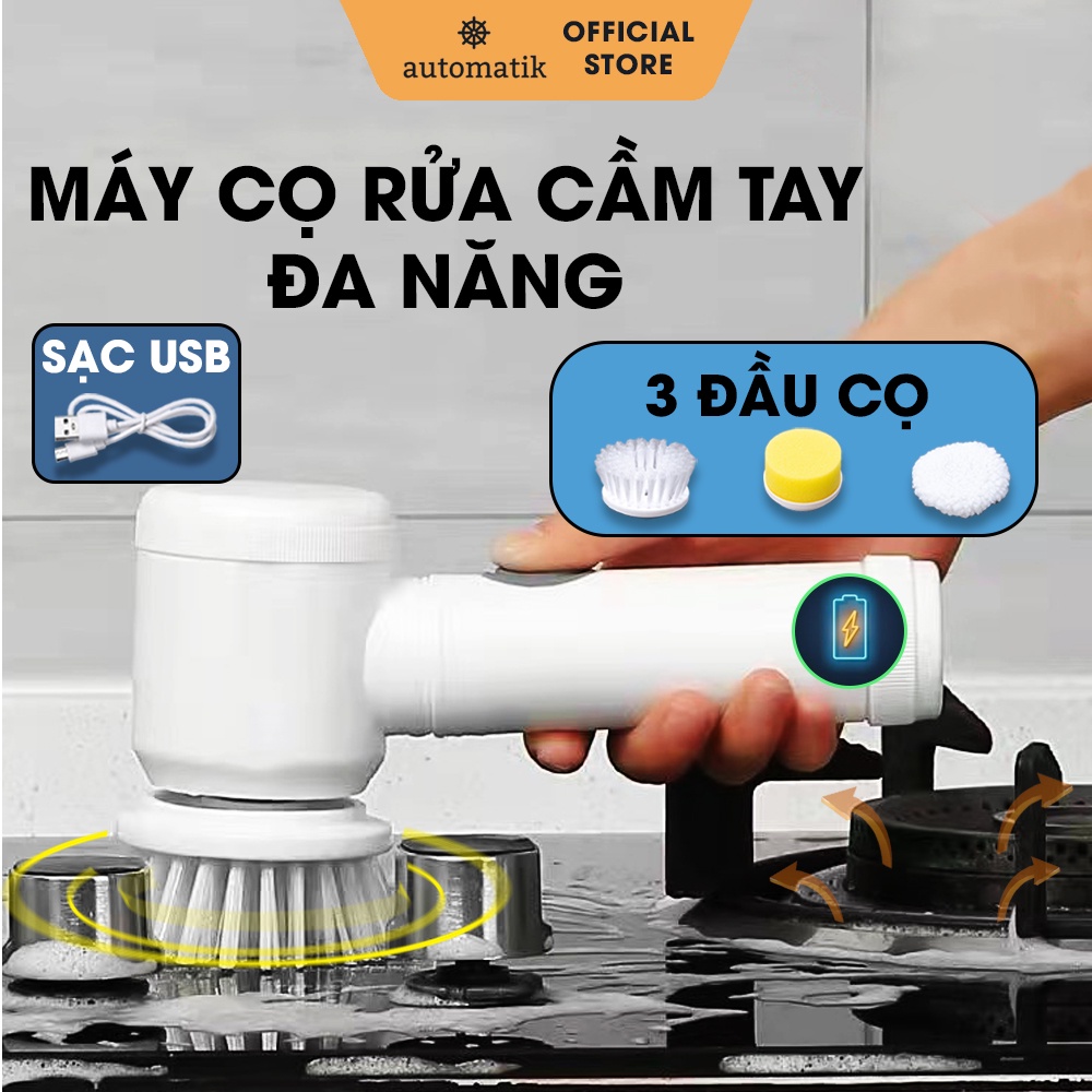 Máy Cọ Rửa Cầm Tay Đa Năng Sạc Điện 3 Đầu Thay Thế, Chổi Cọ Nhà Vệ Sinh, Nhà Tắm, Nhà Bếp - Automatik