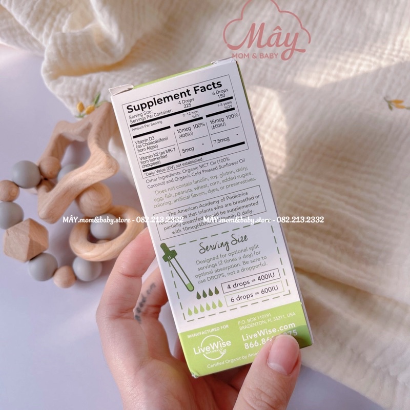 Vitamin D3K2 hữu cơ - thuần chay cho bé từ sơ sinh Livewise - Live wise Mỹ