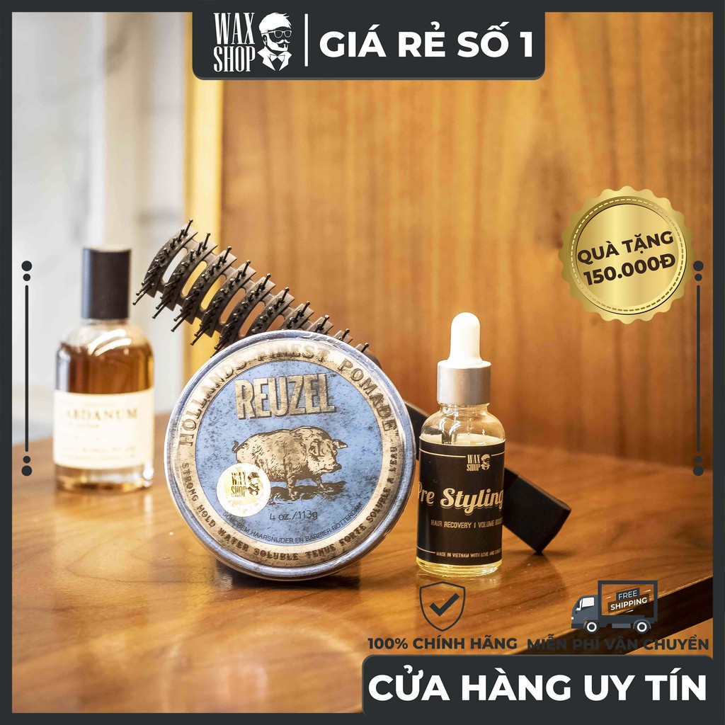 Sáp Vuốt Tóc Reuzel Blue Strong Hold Water Soluble High Sheen 113g ⚡ [Chính Hãng] ⚡ Tặng Kèm Pre-Styling Oil và Lược Sấy