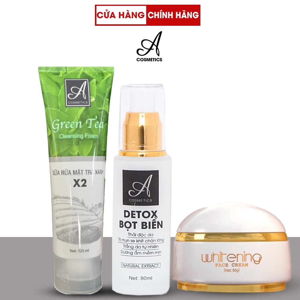Combo dưỡng trắng mặt, kiềm dầu, thải độc da A cosmetics, kem face pháp, sữa rửa mặt trà xanh x2, detox bọt biển 190g