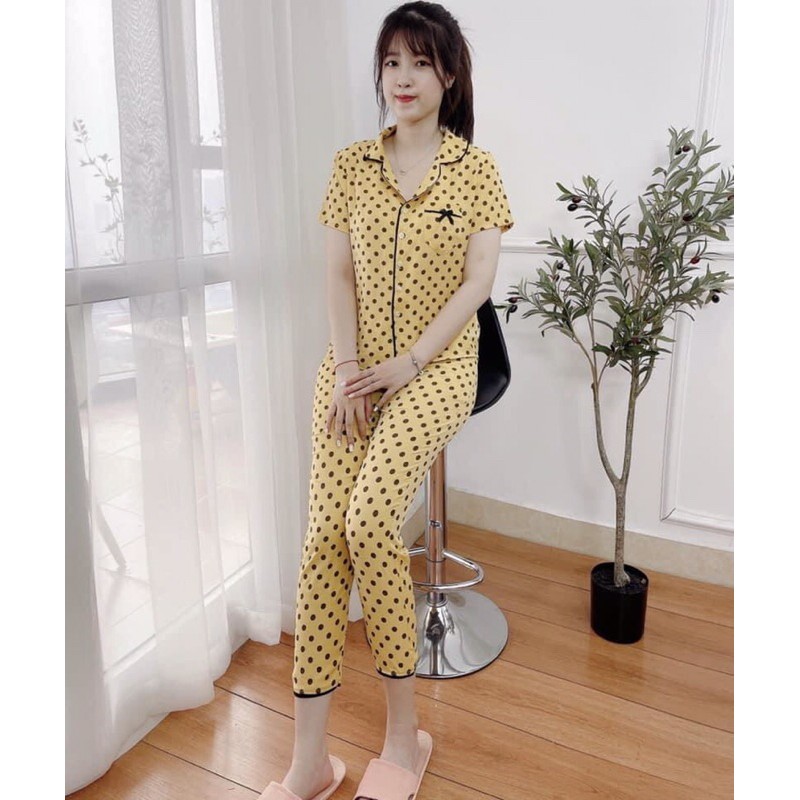 Bộ pizama chấm bi, chất đũi lạnh mềm mại thoáng mát, không nhăn, đủ size