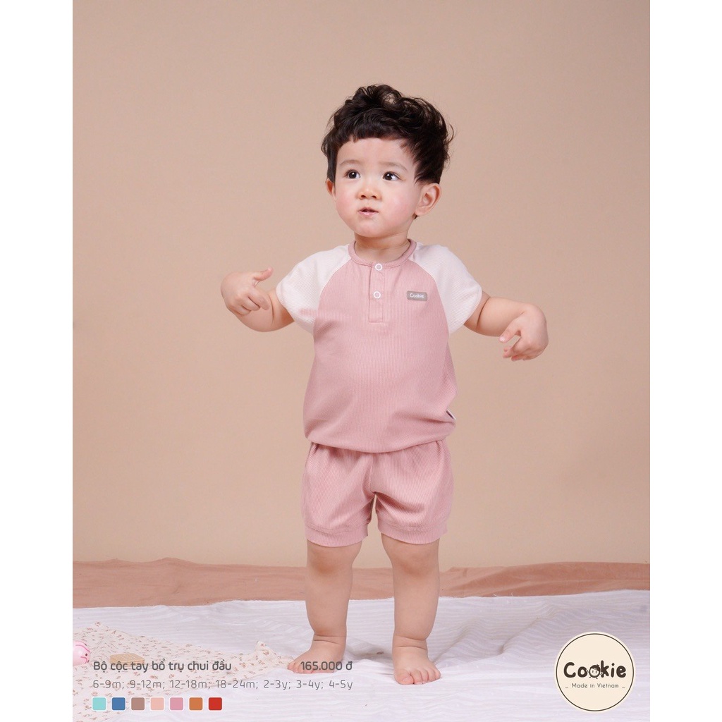Bộ cộc tay bổ trụ Cookie chất Cotton siêu mềm mát cho bé trai và bé gái size 6-9tháng đến 4-5 tuổi