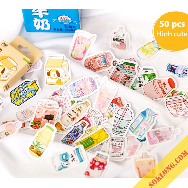 Hộp 45-50 sticker dễ thương, vintage hình hoa lá, cây xanh, hộp sữa, động vật