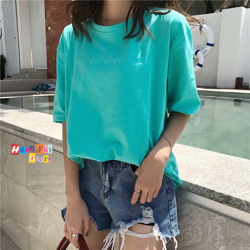 Áo Thun Tay Lỡ Tay Lửng Trơn Dáng Rộng Nam Nữ Màu Xanh Ngọc Ulzzang Unisex - MM