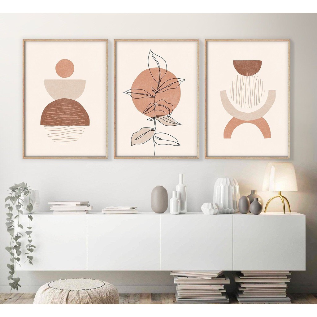 Bộ tranh treo tường Decor hình kỷ hà tối giản màu tone ấm thích hợp decor phòng ngủ phòng khách đã có khung