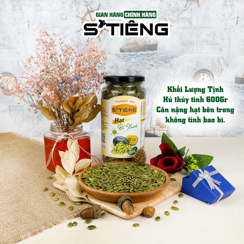 600Gr Nhân Hạt Bí Xanh Sấy Chín Tách Vỏ STIENG Giòn Ngon Hủ Thủy Tinh