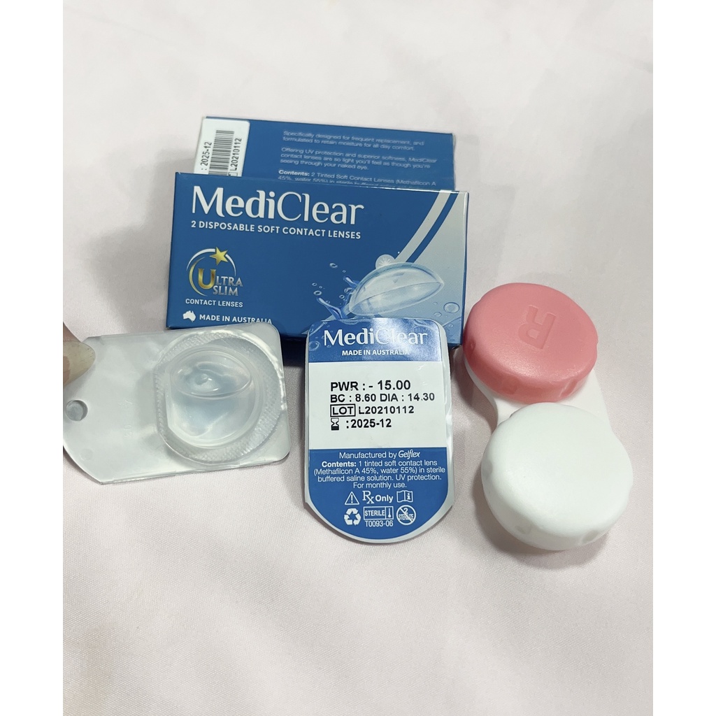 1 lens 3 tháng trắng Mediclear Úc- kính áp tròng không màu cận đến 15.00 độ