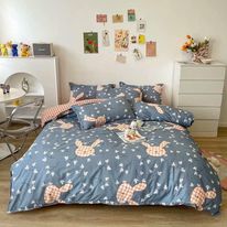 Bộ chăn ga gối Cotton họa tiết Cô Thỏ Sọc Caro