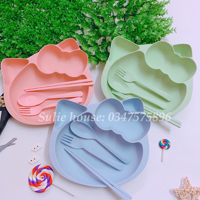 Khay lúa mạch kitty kèm thìa dĩa đũa