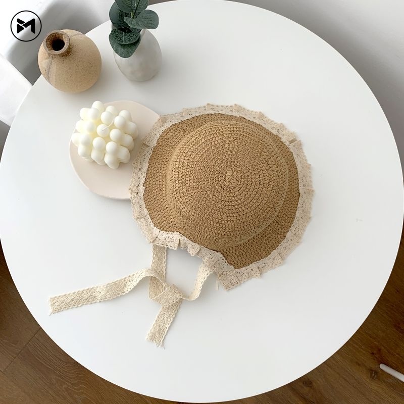 Set Nón mũ cói kèm túi xách phối ren thời trang cho bé gái