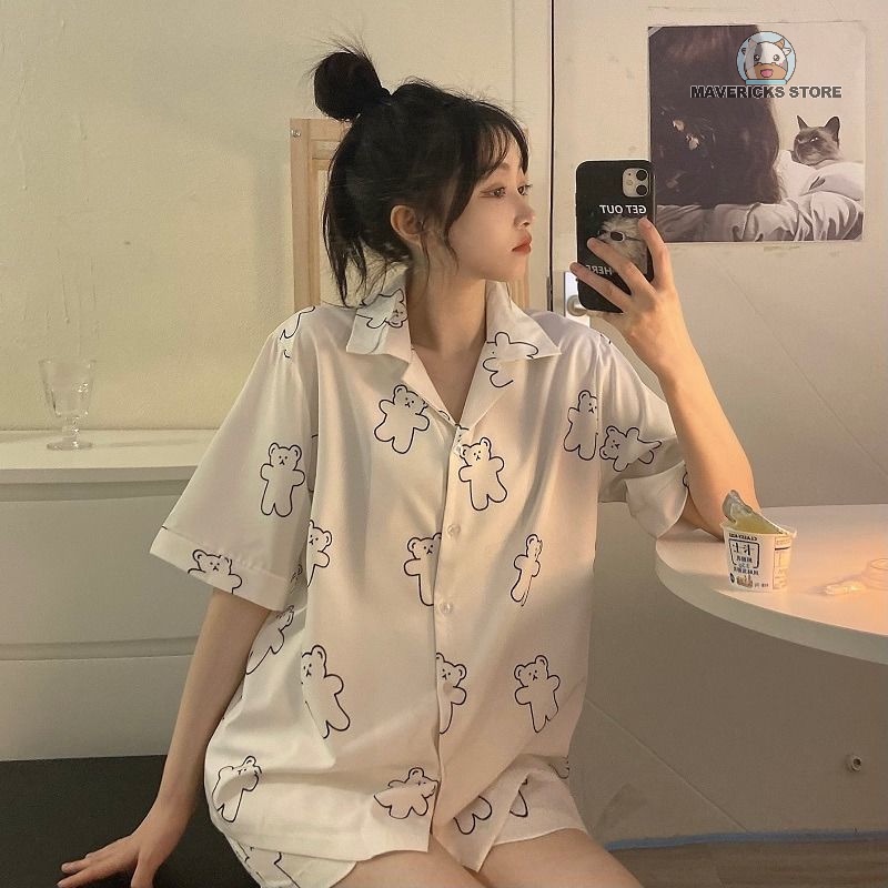 Bộ đồ ngủ tay ngắn in hình gấu dễ thương dành cho nữ