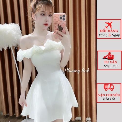 Váy trễ vai nữ viền bèo đen trắng tiểu thư bánh bèo đi tiệc cưới ulzzang Hàn Quốc