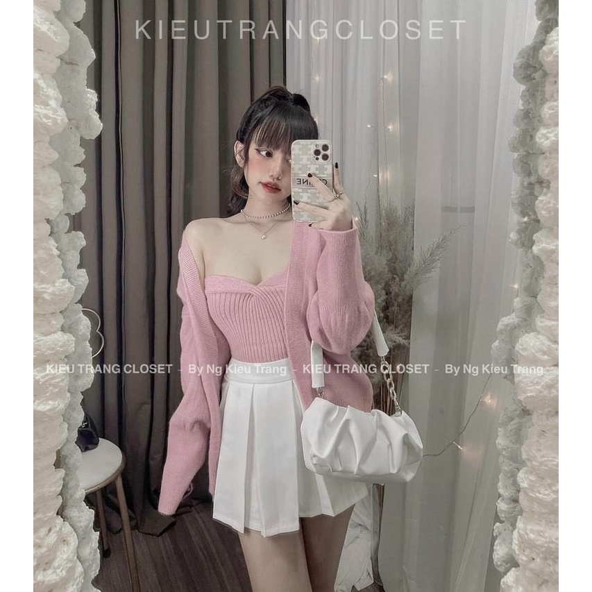 Set áo len lông thỏ áo 2 dây kèm áo khoác trơn màu quảng châu đẹp CS185