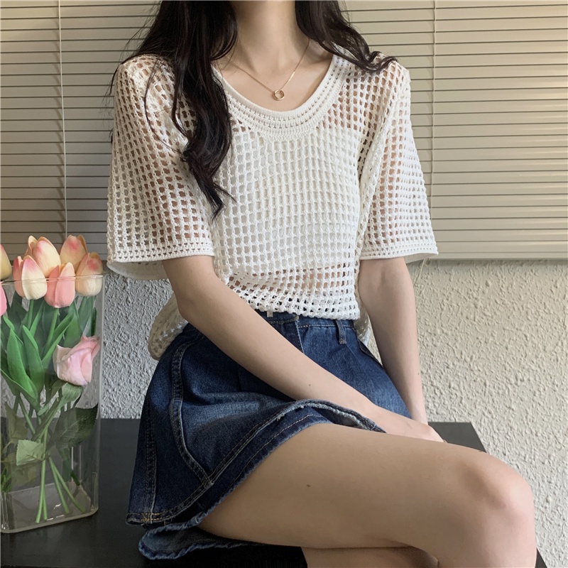 Xiaozhainv Áo Thun Dệt Kim Tay Ngắn Dáng Rộng Phong Cách retro Hàn Quốc 4 Màu Lựa Chọn