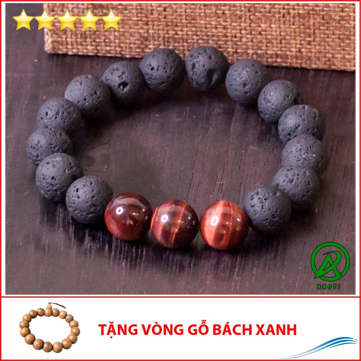 V221-12 Vòng phong thủy đá núi lửa 12 ly mix mắt hổ đỏ V221-12(GB)- Kèm Vòng Gỗ Bách Xanh