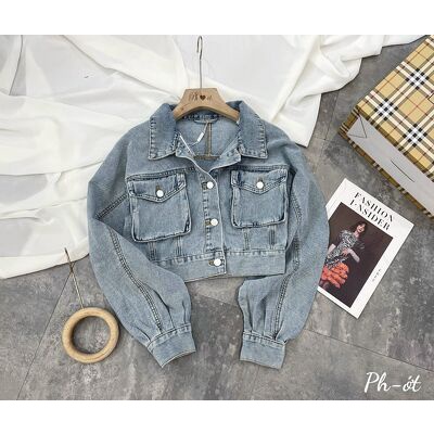 HÀNG MỚI Áo Jeans bò cổ bẻ 2 nắp túi dáng croptop xinh #HOTTRED