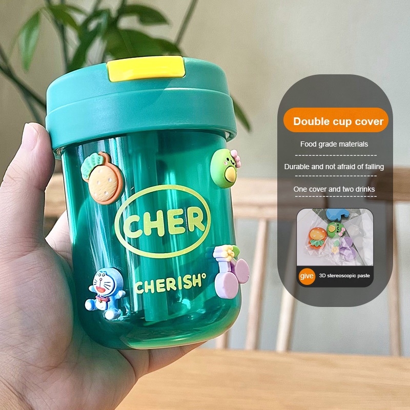 Bình Nước 330ml Mini Bằng Nhựa Có Ống Hút Họa Tiết Dễ Thương Cho Bé