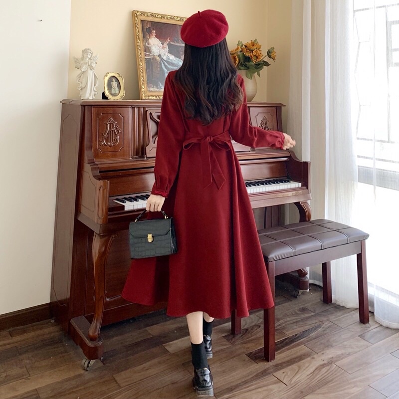 Sẵn váy maxi đỏ cổ nơ dây thắt eo dáng xoè Lolita. Đầm công chúa