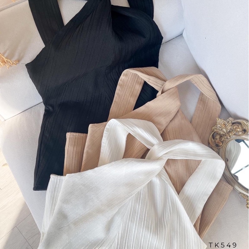 Áo nữ ôm cổ yếm xoắn form dài 3 màu đen, trắng, nude size S,M Np shop