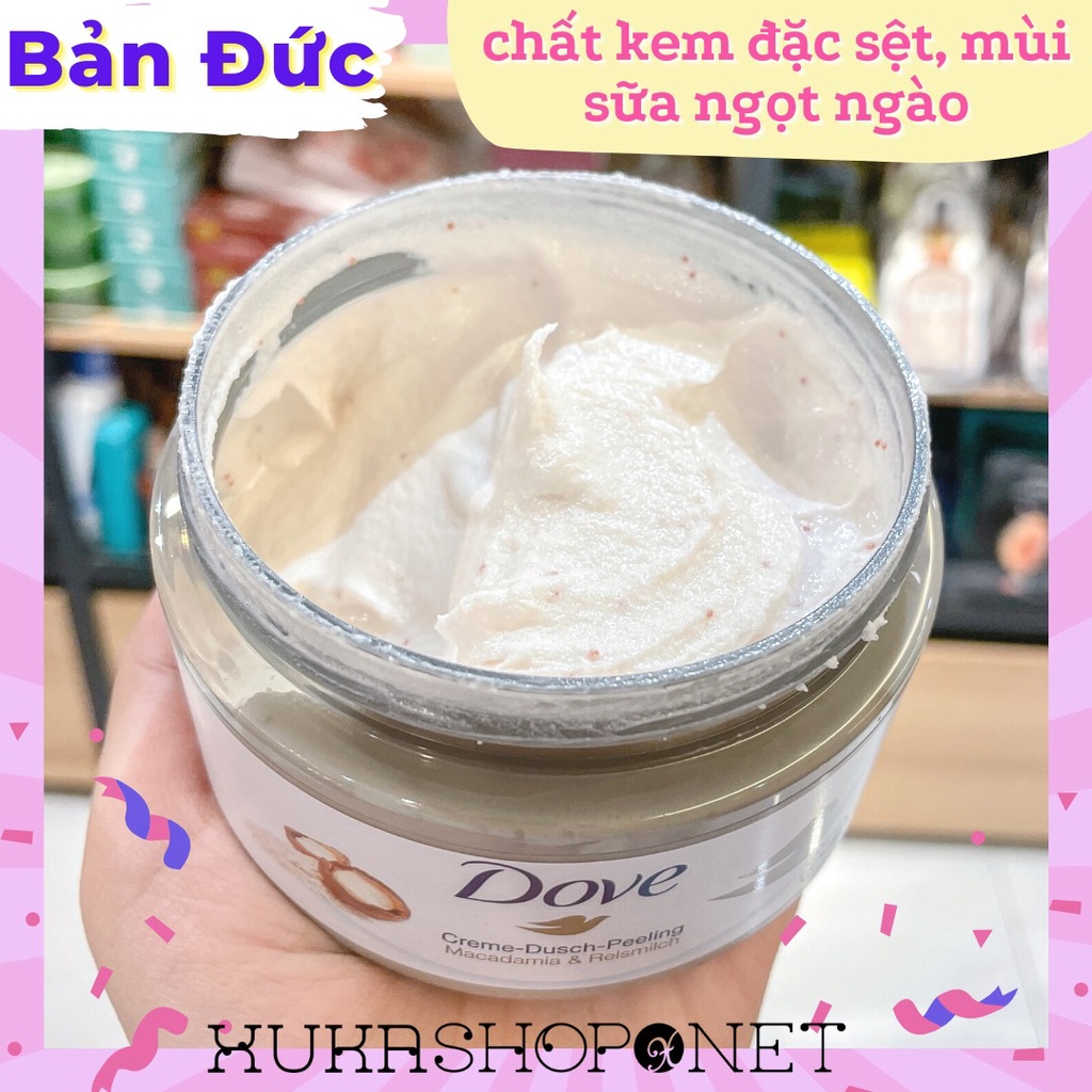 [Bản Đức/Mỹ] Tẩy tế bào chết Body Dove chăm sóc da chiết xuất hạt Macca & Sữa Gạo, Lựu & Bơ Hạt Mỡ 298gr