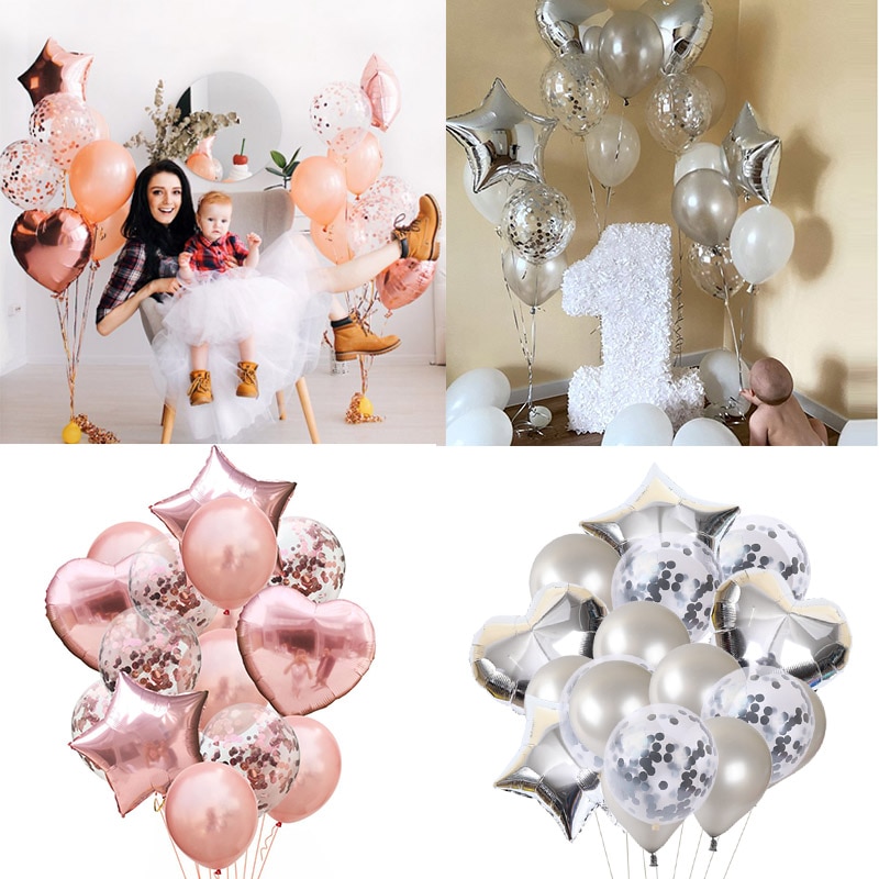 Set 14 Bong Bóng Khí Heli Bằng Giấy Họa Tiết Ngôi Sao / Trái Tim Màu Vàng Hồng / Bạc Trang Trí Tiệc Sinh Nhật / Đám Cướ