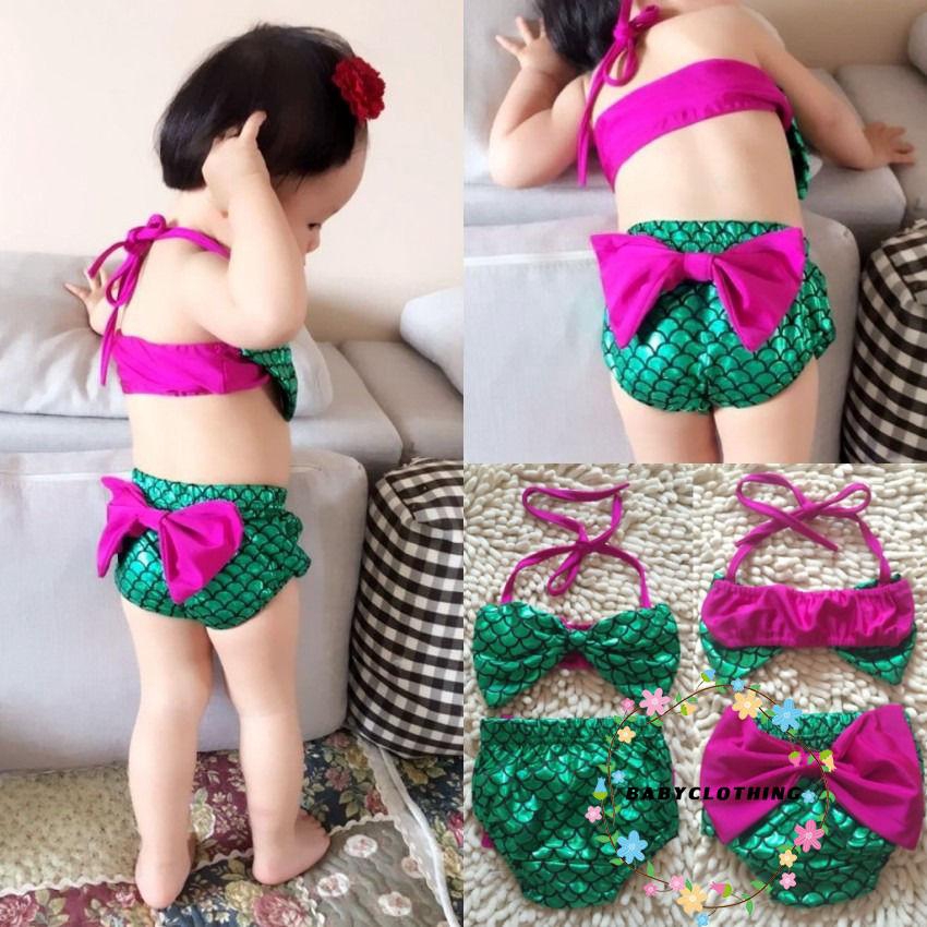 Bộ bikini 2 mảnh họa tiết nàng tiên cá cổ yếm xinh xắn dễ thương cho bé gái