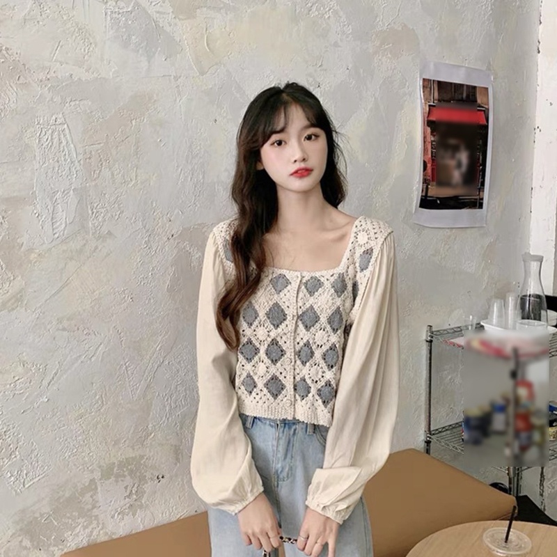 Áo Khoác Cardigan Chiffon Tay Dài Phồng Cổ Vuông Phối Ren Hoa Phong Cách Pháp Cổ Điển Thời Trang Cho Nữ