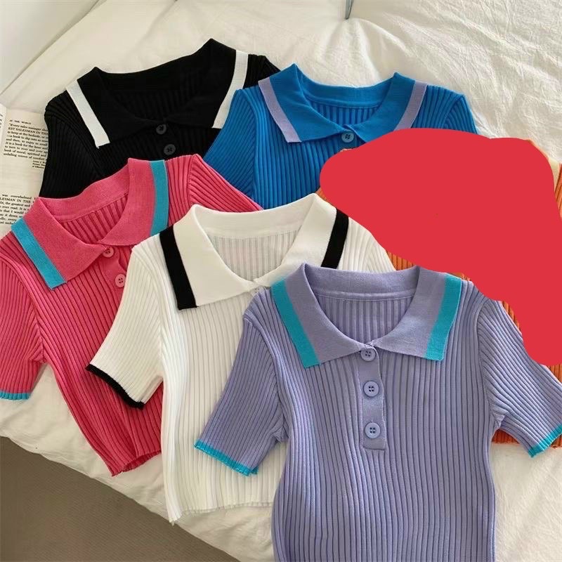 Áo len tăm cổ bẻ viền dáng croptop ngắn tay khuy ngực nhiều màu, chất co giãn VKV alohashop91