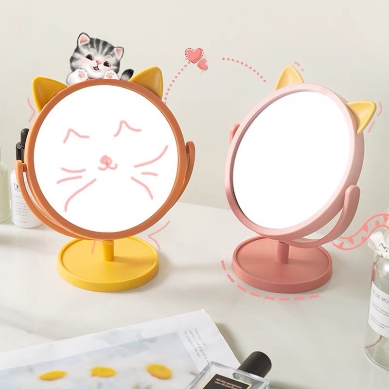 [Tặng Sticker Siêu Cute] Gương để bàn tai mèo xoay 360 độ - Gương phối màu cute Nội địa Trung