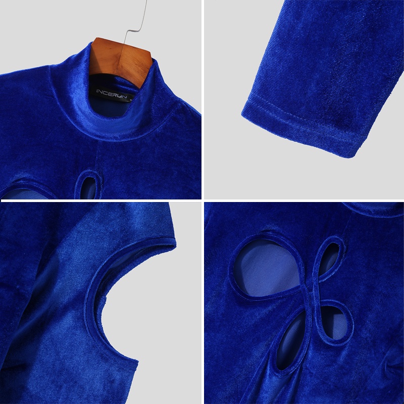 Áo nam INCERUN tay dài cổ cao dáng ôm vải nhung khoét lỗ thời trang gợi cảm