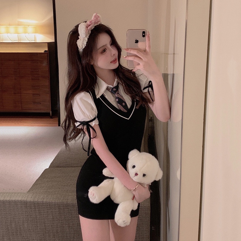 Đầm Perty cổ bẻ giả hai lớp phong cách Hàn Quốc dễ thương cho nữ