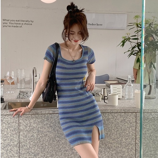 Đầm ZHELIHANGFEI kẻ sọc xẻ tà ôm hông gợi cảm