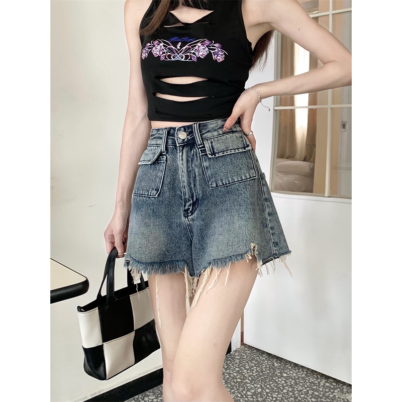 Quần Short denim Lưng Cao Ống Rộng Phong Cách retro Cho Nữ