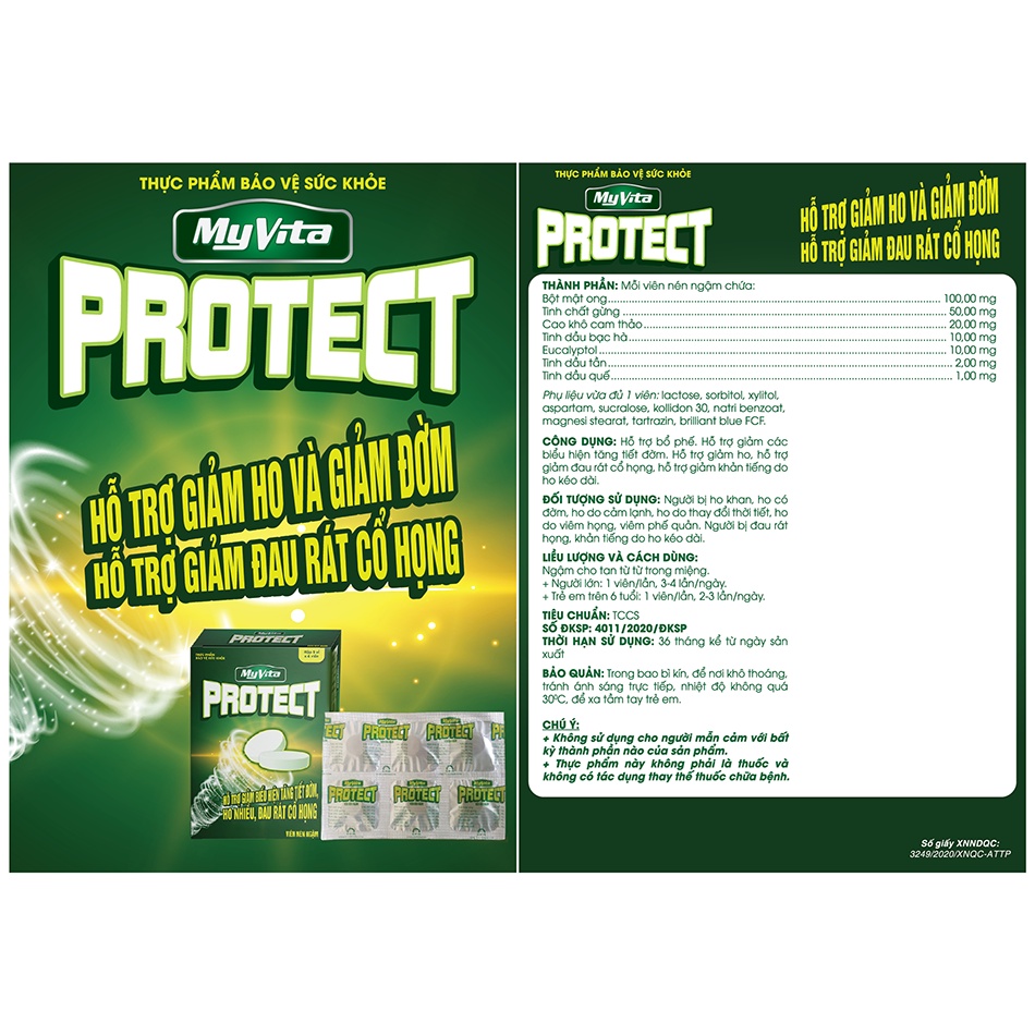 Viên ngậm MyVita Protect - Sát trùng mũi họng, bổ phế - Giảm ho, đau rát cổ họng, khản tiếng, ho đờm (Hộp 30 viên)