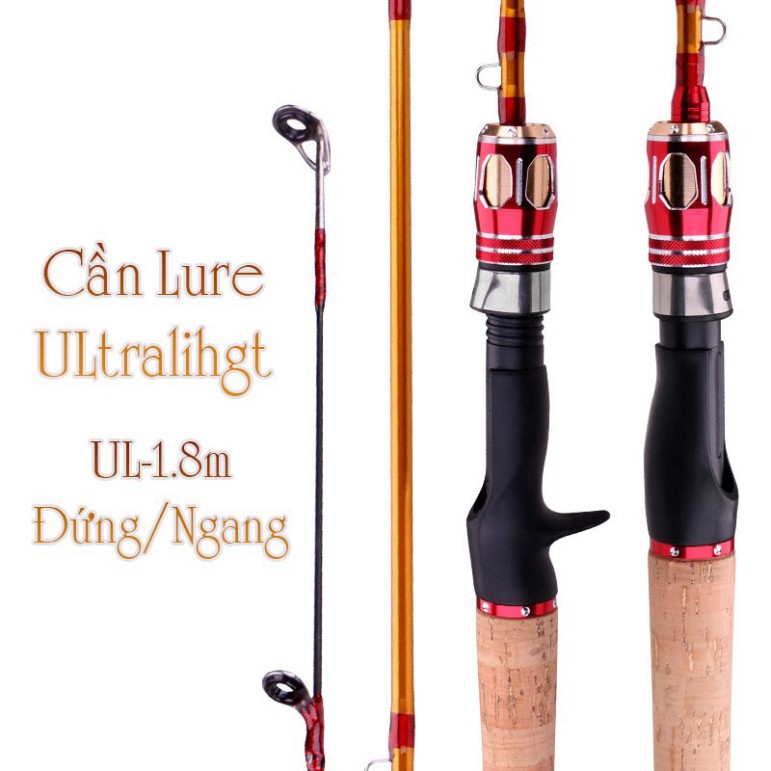 Cần câu lure ULtralight Cán múp xốp giả gỗ cầm rất êm, nhẹ tay máy đứng và máy ngang 1m8 UL-vàng - docauanhluc