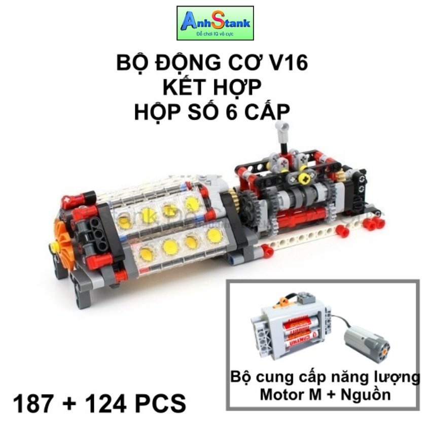 Động cơ lego technic oto V16 kết hợp với hộp số thay đổi tốc độ 6 mức tương thích với MOC, bộ 9686 bảo hành 1:1