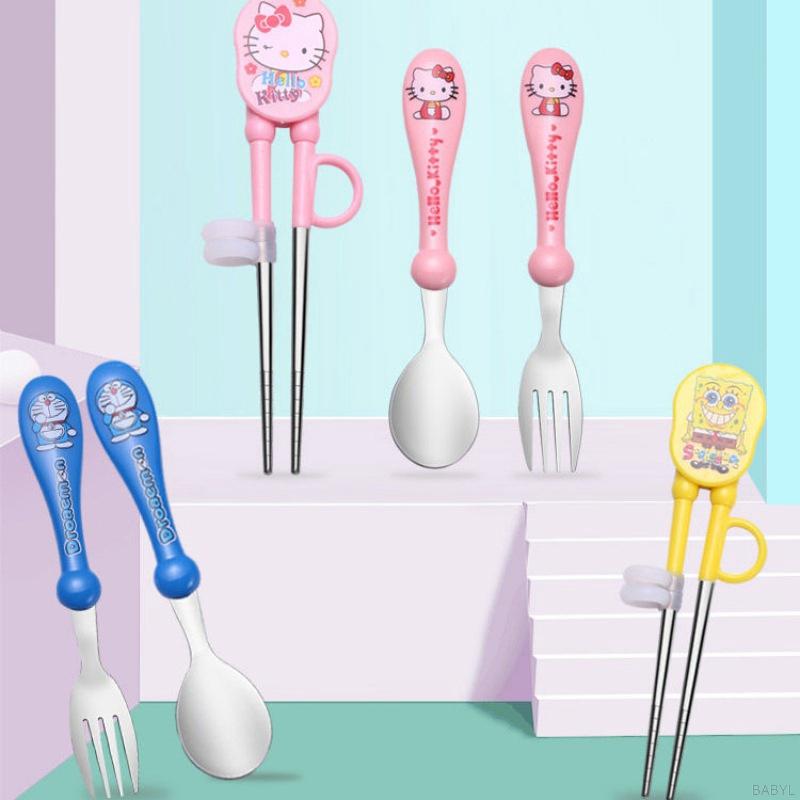 Set 3 Món Muỗng + Đũa + Nĩa Bằng Thép Không Gỉ Cho Bé Tập Ăn