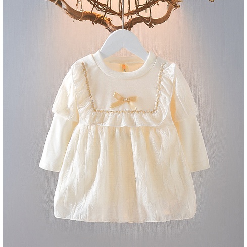 Đầm Công Chúa Giả Hai Lớp Tay Phồng Màu Trơn Thời Trang Xuân Thu Cho Bé Gái 0-3 Tuổi