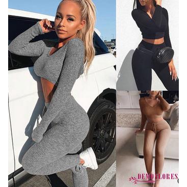 Set 2 món đồ gồm áo croptop tay dài màu trơn + quần cho nữ