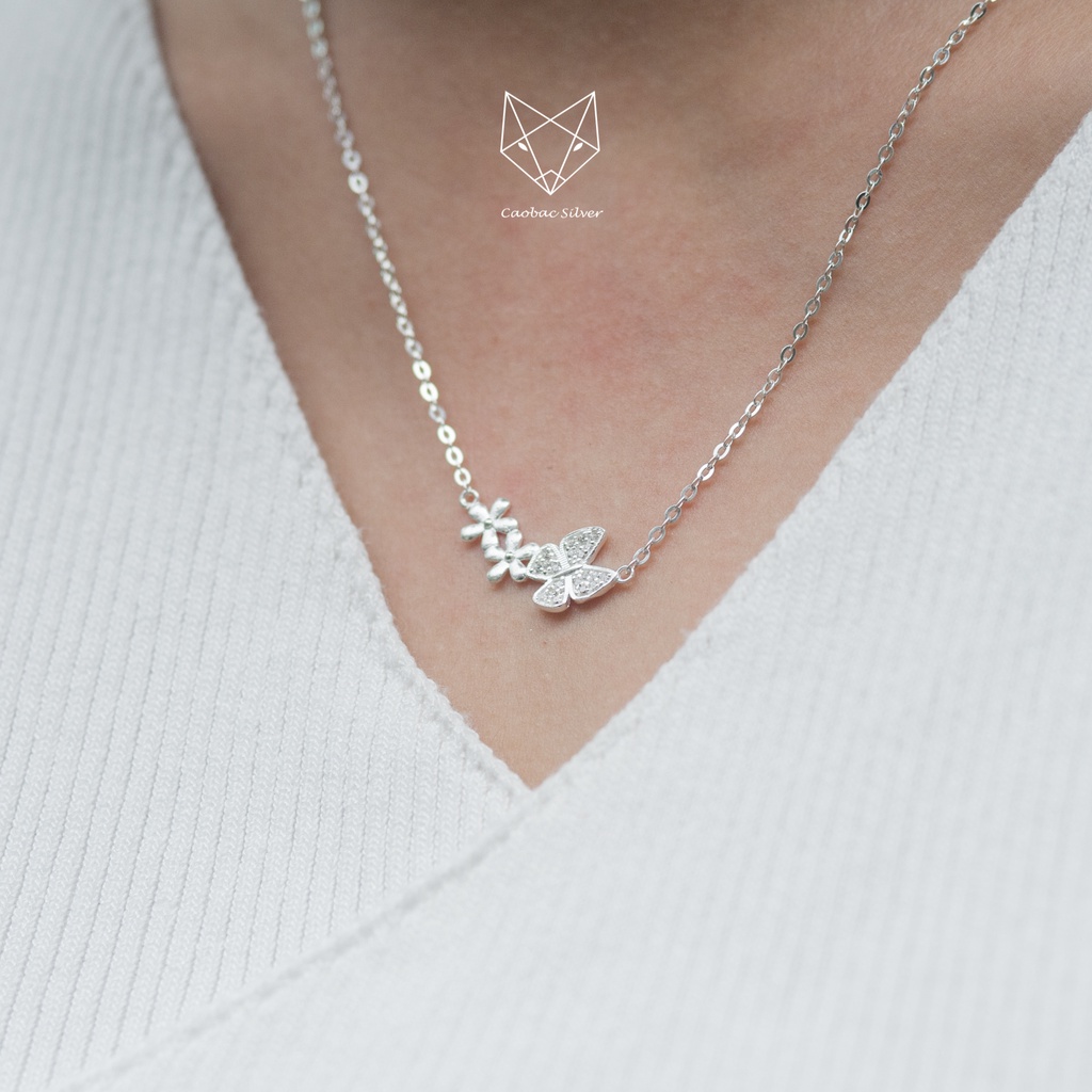 Dây Chuyền Bạc Ta Cao Cấp CaoBac Silver Hoạ Tiết Hai Hoa Cánh Buom Đơn Giản Mới Lạ, Dễ Thương Làm Quà Tặng Bạn Gái