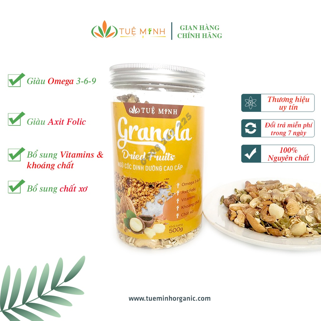 Ngũ cốc dinh dưỡng siêu hạt &amp; quả Granola Tuệ Minh bổ sung macca, dâu tây, nho hộp 500 gram