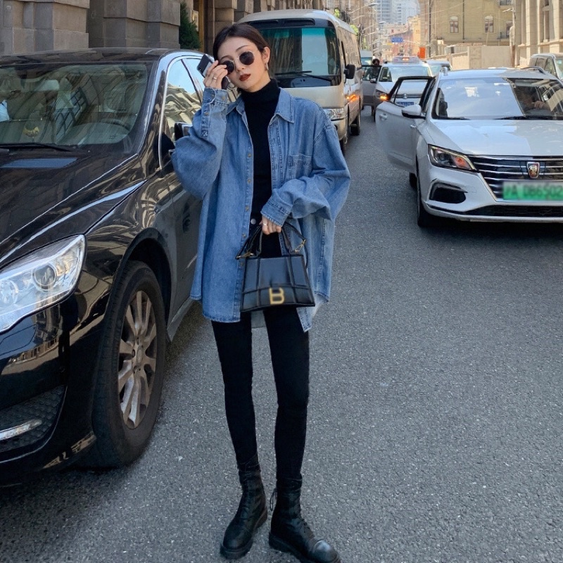 Áo Khoác Jean Nữ Form Rộng Ulzzang Cổ Áo Kiểu Polo Vải Màu Xanh Leevin