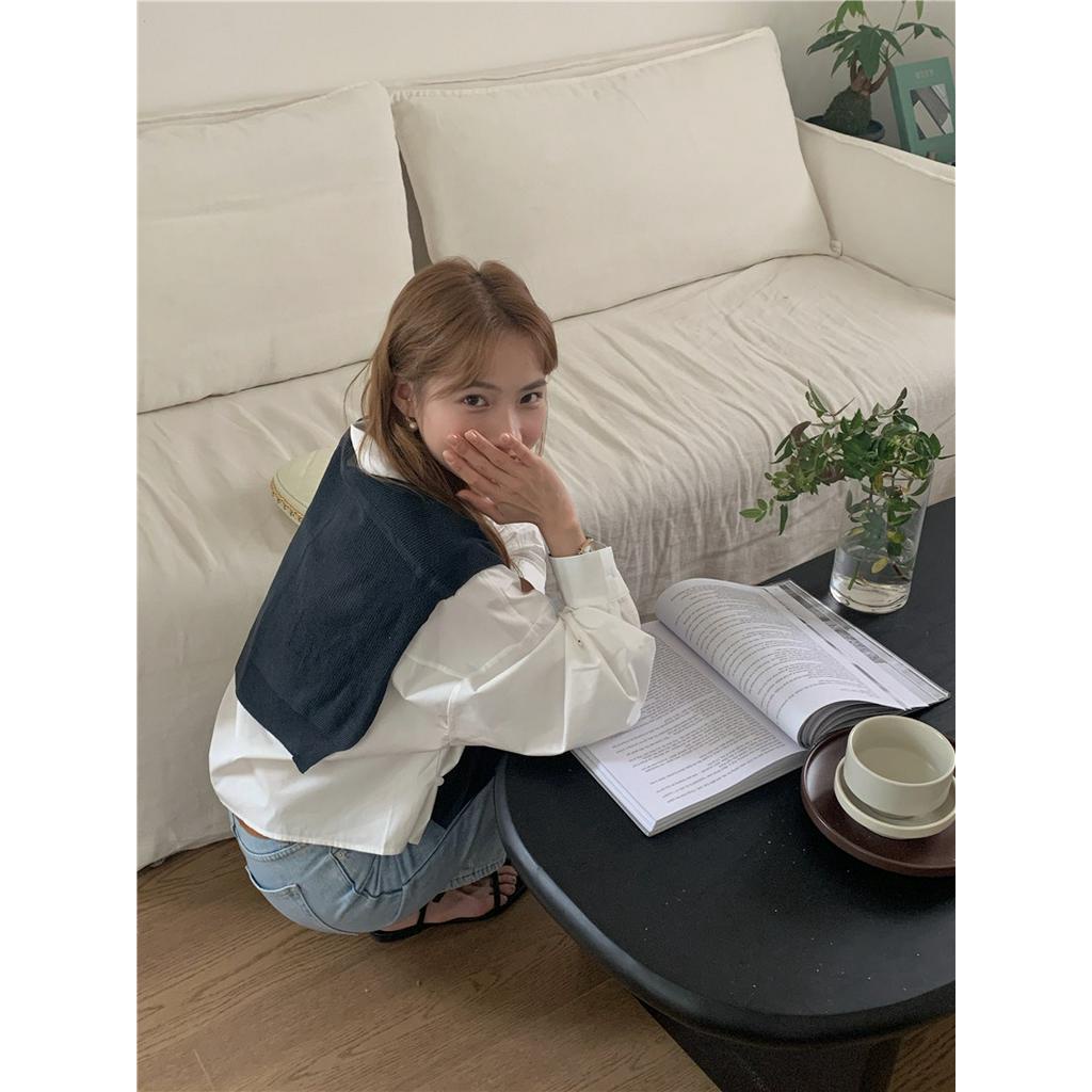 Áo Sơ Mi Cổ polo Dáng Ngắn Dài Tay Phối Khăn Choàng Phong Cách Hàn Quốc Đơn Giản 62137