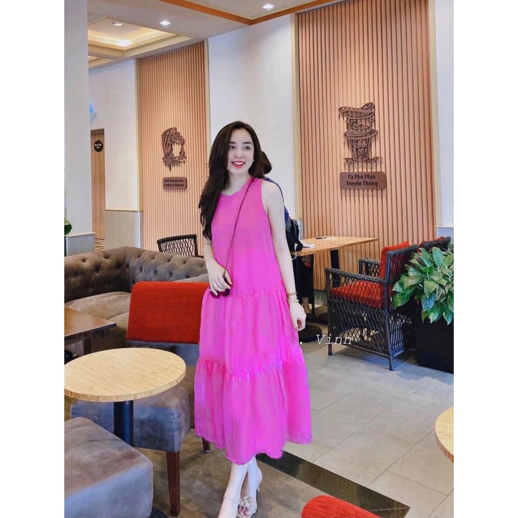 Đầm suông voan tơ dáng dài 3 tầng đuôi cá màu hồng cánh sen