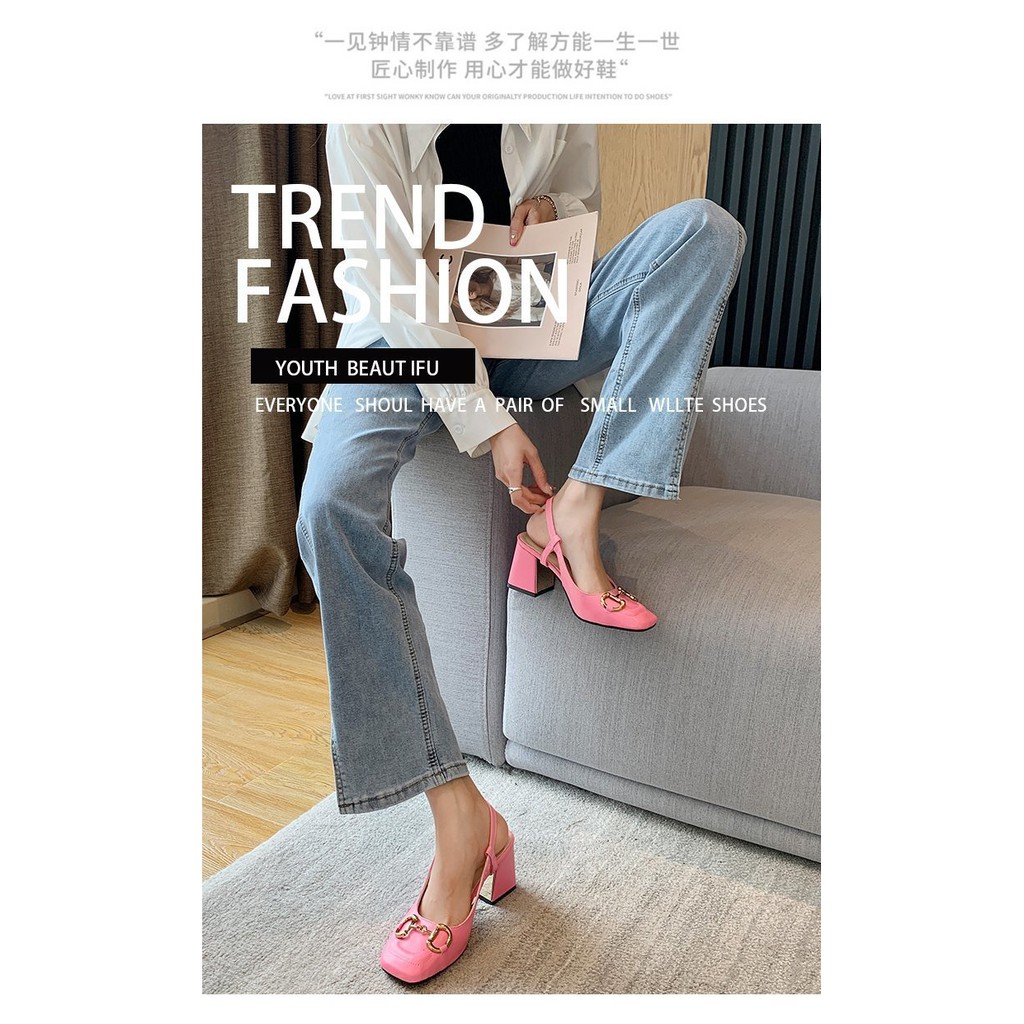 (Hàng có sẵn) Giày cao gót nữ da mềm hở gót mũi vuông khóa vàng BIG SIZE 35-43