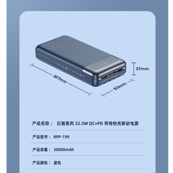 Pin sạc dự phòng Remax RPP-199 30000mAh QC22.5W PD20W, 3 Inputs 6 Outputs, lõi Li-Polymer (Xanh) - Nhất Tín Computer